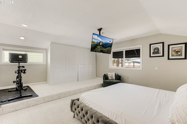 bedroom featuring carpet flooring, lofted ceiling, a textured ceiling, and multiple windows