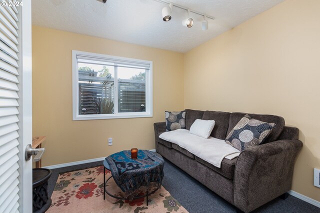 interior space with carpet flooring and a textured ceiling