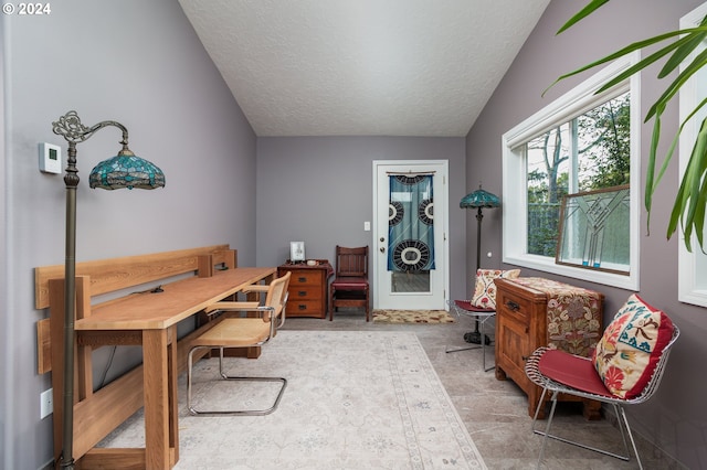 office area with lofted ceiling and a textured ceiling