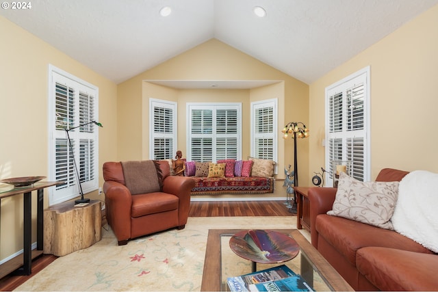 living room with hardwood / wood-style floors and vaulted ceiling