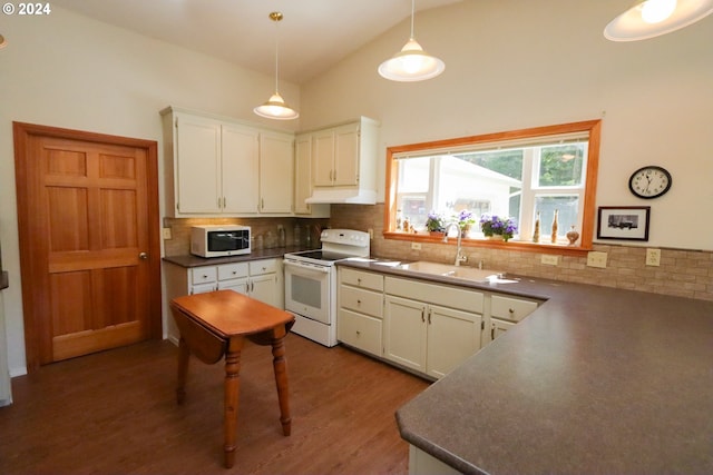 kitchen with hardwood / wood-style floors, sink, white cabinets, hanging light fixtures, and white appliances