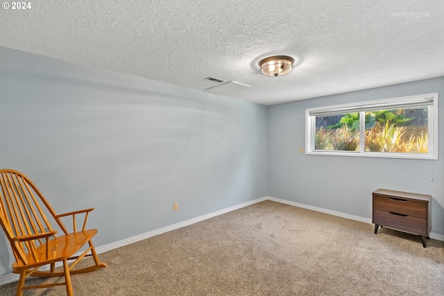 living area with carpet floors and a textured ceiling