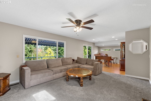 carpeted living room featuring ceiling fan and a textured ceiling