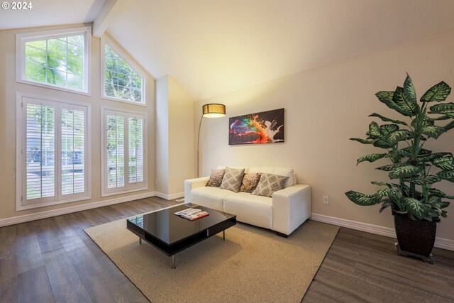 living room with high vaulted ceiling, beamed ceiling, and dark hardwood / wood-style floors