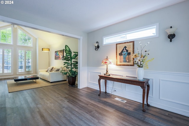 interior space with a wealth of natural light, lofted ceiling, and dark hardwood / wood-style floors