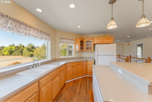 kitchen featuring dark wood-type flooring, decorative light fixtures, white fridge, and sink