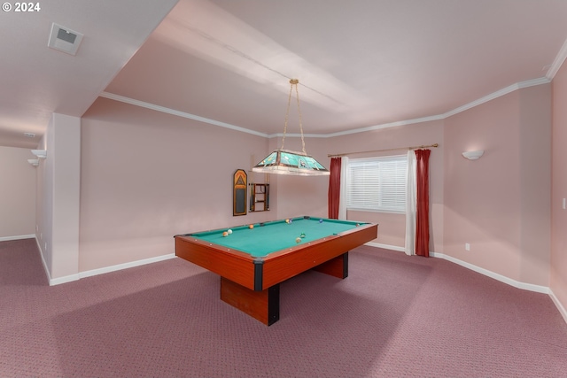 rec room featuring ornamental molding, carpet, and billiards