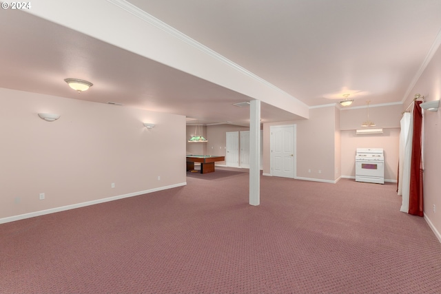 basement with carpet floors and ornamental molding