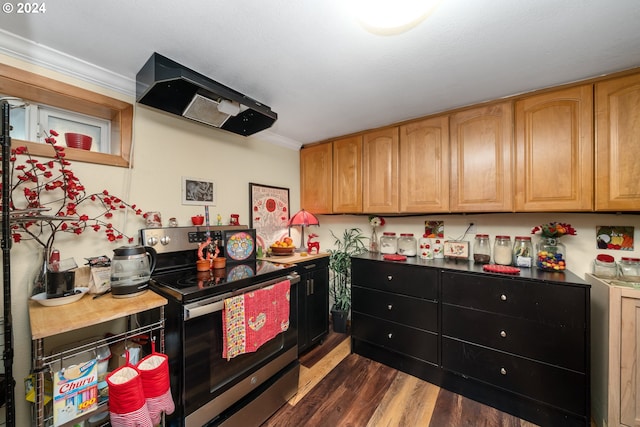 kitchen with dark wood-style floors, stainless steel electric range, crown molding, and exhaust hood