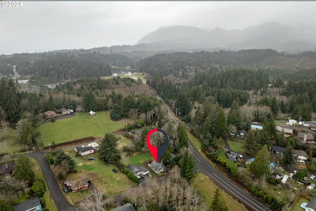 aerial view featuring a forest view and a mountain view