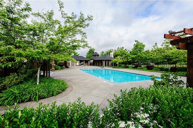 view of swimming pool featuring a patio area