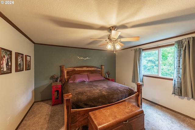 bedroom with carpet floors, crown molding, and a textured ceiling