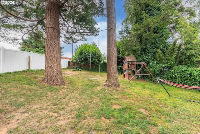 view of yard featuring a fenced backyard and a playground