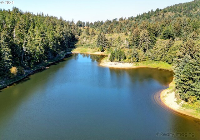 aerial view with a water view and a forest view