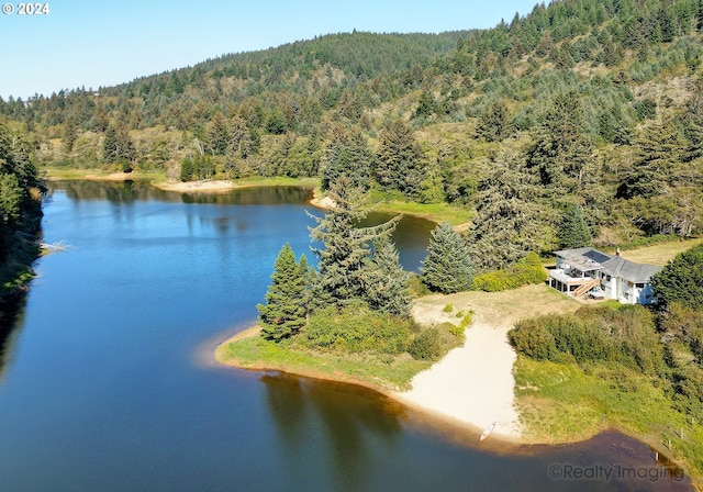 aerial view featuring a water view