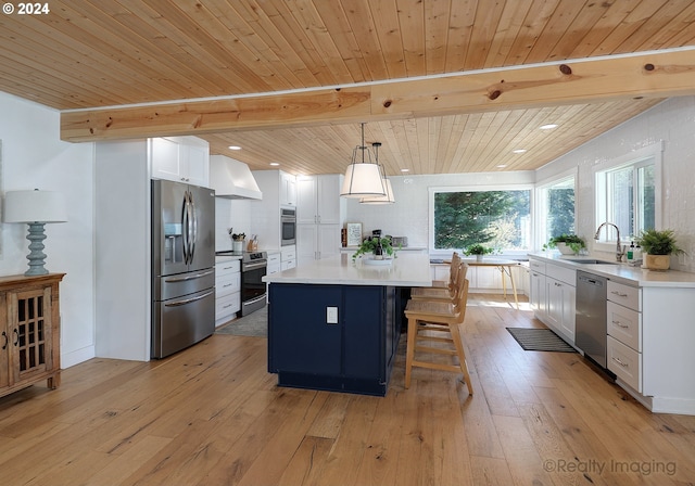 kitchen featuring wall chimney exhaust hood, light wood-type flooring, a sink, stainless steel appliances, and beam ceiling