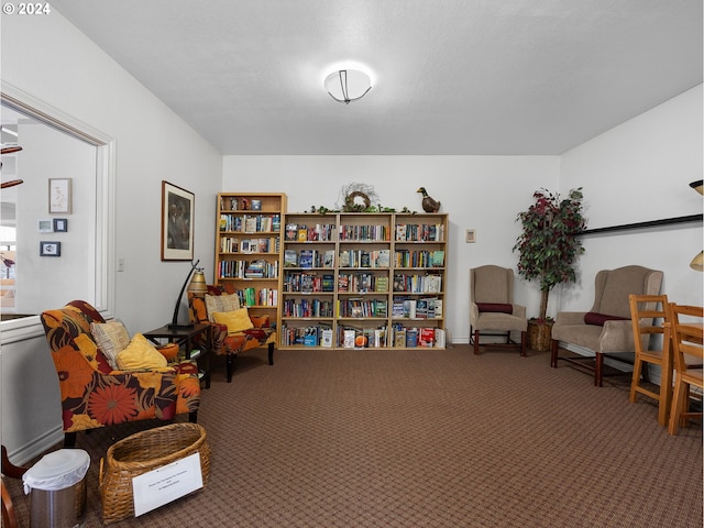 living area with a textured ceiling and carpet