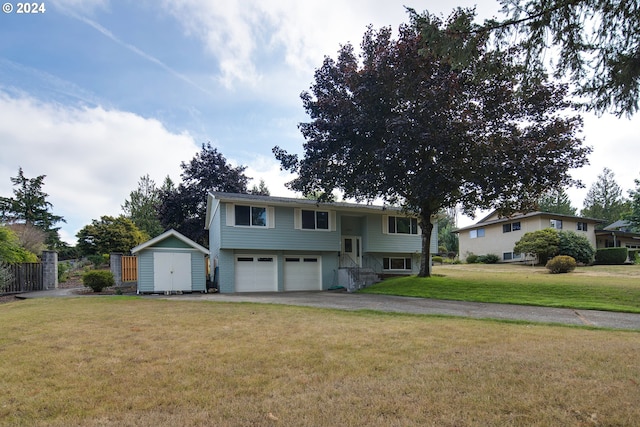 view of front of home with a storage unit and a front lawn