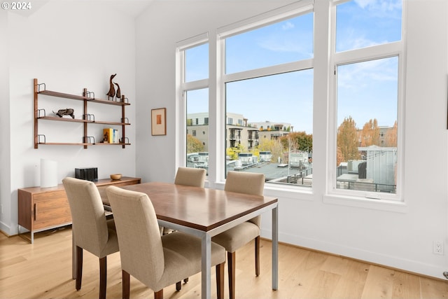 dining space with light hardwood / wood-style floors