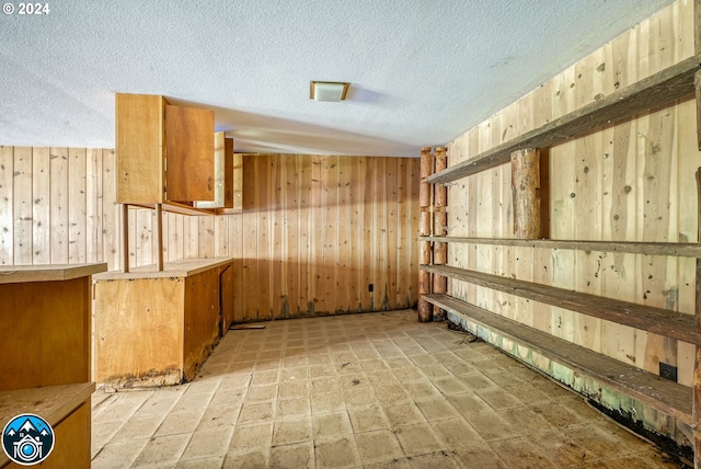 basement with wood walls and a textured ceiling