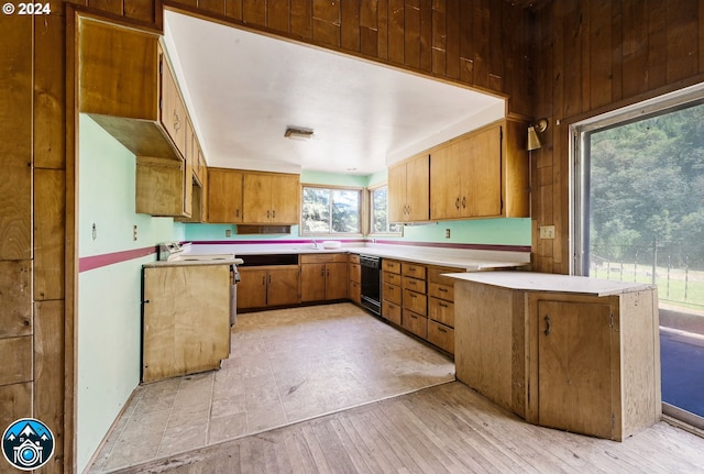 kitchen with kitchen peninsula, stainless steel electric range oven, sink, black dishwasher, and light hardwood / wood-style floors