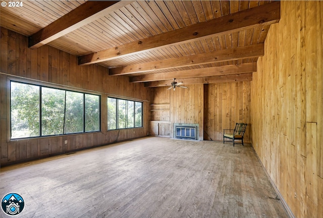 unfurnished living room with ceiling fan, beamed ceiling, wood walls, and wooden ceiling