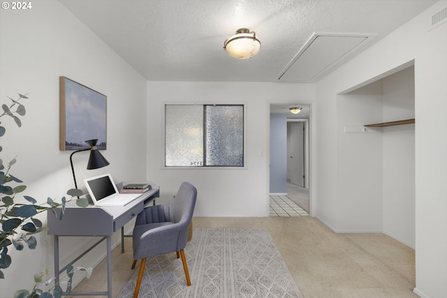 carpeted office space featuring a textured ceiling