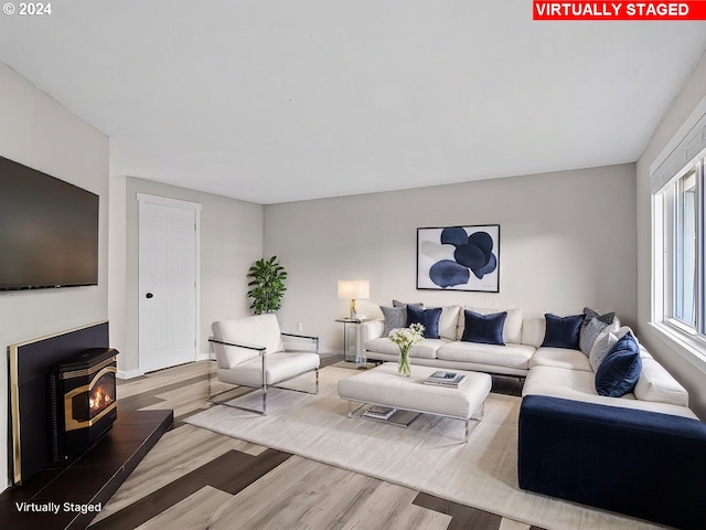 living room featuring wood-type flooring and a wood stove