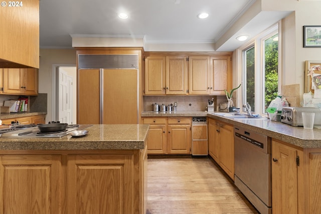 kitchen with sink, tasteful backsplash, light hardwood / wood-style flooring, appliances with stainless steel finishes, and ornamental molding