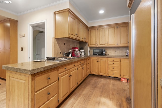 kitchen featuring light wood-type flooring, backsplash, stainless steel appliances, crown molding, and light brown cabinets