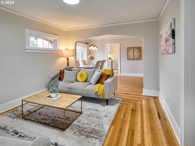 living room featuring hardwood / wood-style floors, an inviting chandelier, and crown molding