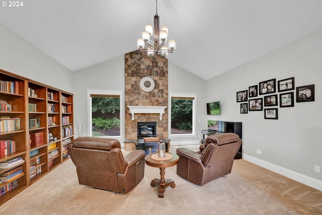 carpeted living room featuring lofted ceiling, a chandelier, and a stone fireplace