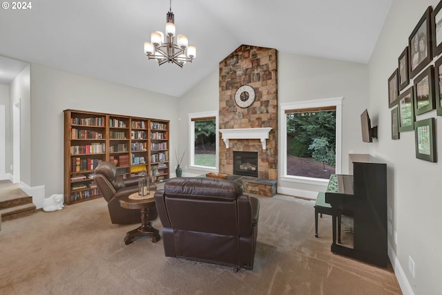 carpeted living room with a notable chandelier, a fireplace, and high vaulted ceiling