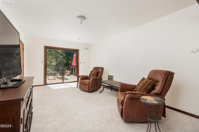 sitting room featuring a textured ceiling and light carpet