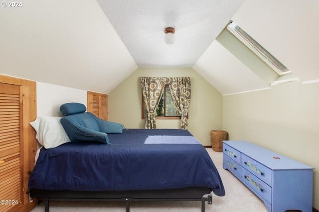 bedroom featuring lofted ceiling with skylight and carpet