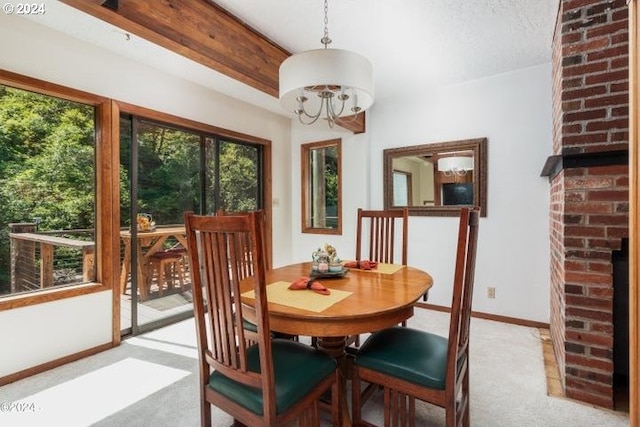 dining space with beamed ceiling, a textured ceiling, light colored carpet, and a notable chandelier