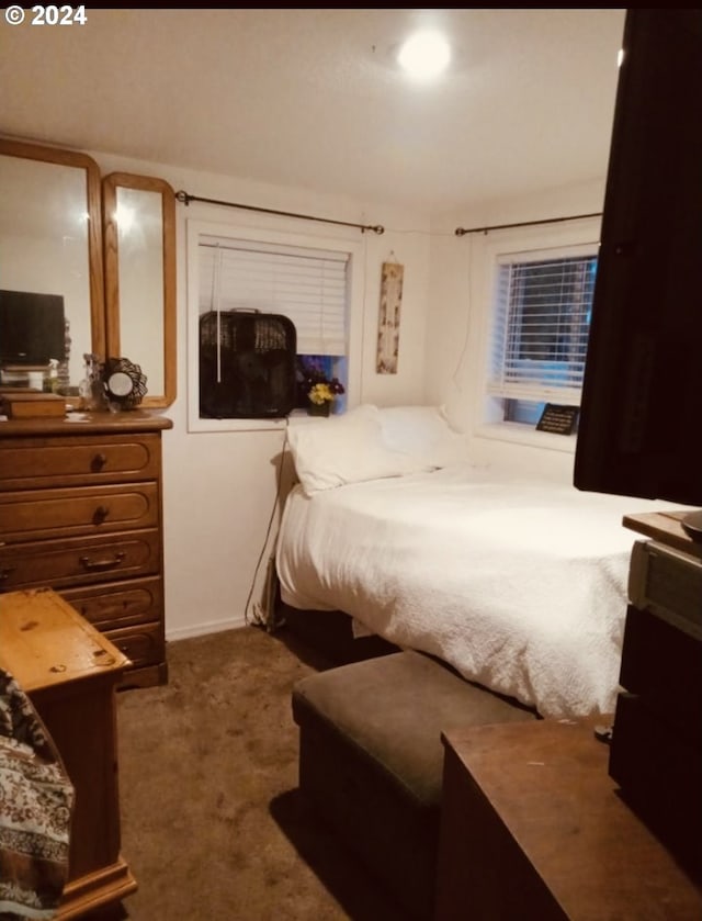 bedroom with dark colored carpet