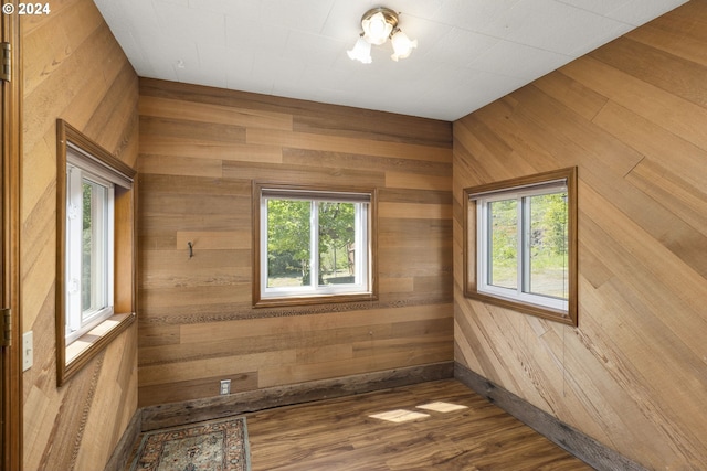 spare room with plenty of natural light, wood walls, and hardwood / wood-style flooring