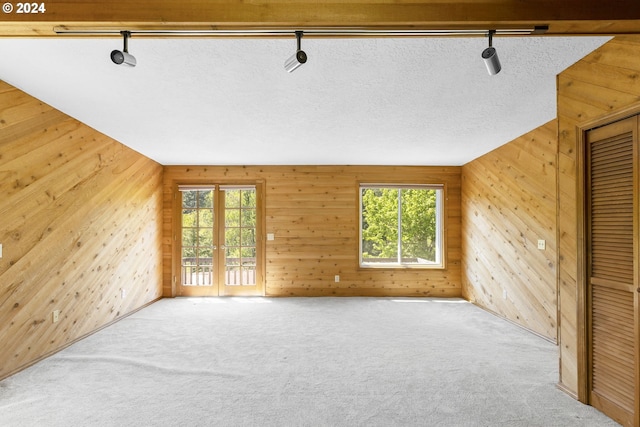 carpeted spare room with a wealth of natural light, track lighting, wood walls, and a textured ceiling