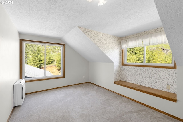 bonus room featuring vaulted ceiling, light carpet, and a textured ceiling