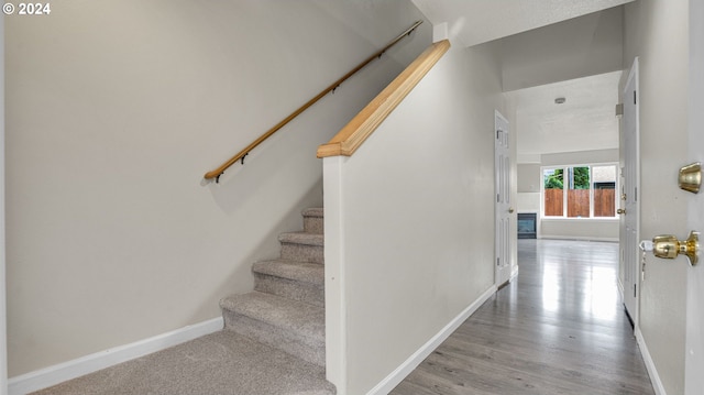 stairway with hardwood / wood-style floors