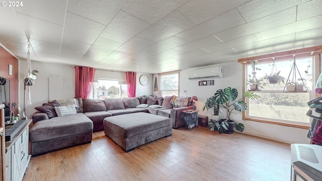 living room with a wall mounted AC and light hardwood / wood-style flooring