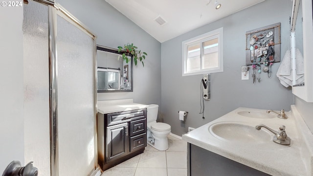 bathroom with vanity, tile patterned flooring, an enclosed shower, vaulted ceiling, and toilet