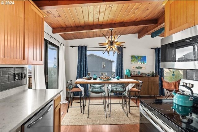 dining room featuring ceiling fan, light hardwood / wood-style floors, lofted ceiling with beams, and wooden ceiling