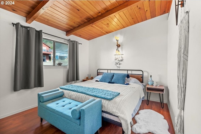 bedroom featuring beam ceiling, wooden ceiling, and dark hardwood / wood-style floors