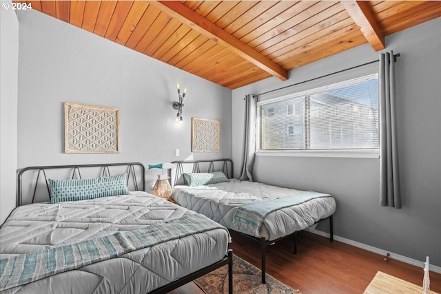 bedroom with hardwood / wood-style floors, wooden ceiling, and beamed ceiling