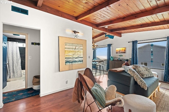 living room featuring wooden ceiling, vaulted ceiling with beams, and dark wood-type flooring