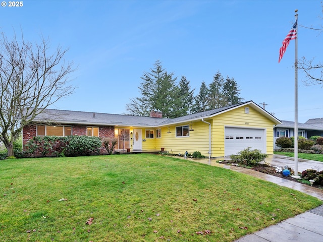 single story home featuring driveway, a chimney, an attached garage, a front yard, and brick siding