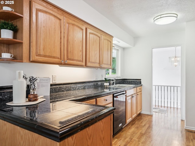 6325 SW Elm Ave, Beaverton, OR 97005 - kitchen featuring a sink, open shelves, light wood finished floors, stainless steel dishwasher, and a textured ceiling