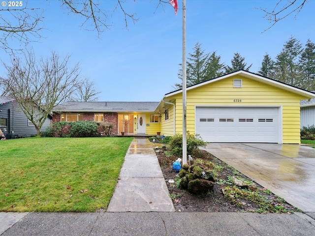 single story home with a front lawn, brick siding, driveway, and an attached garage